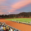 football players standing on field with crowd watching