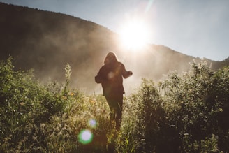 silhouette photo of person walking on the field