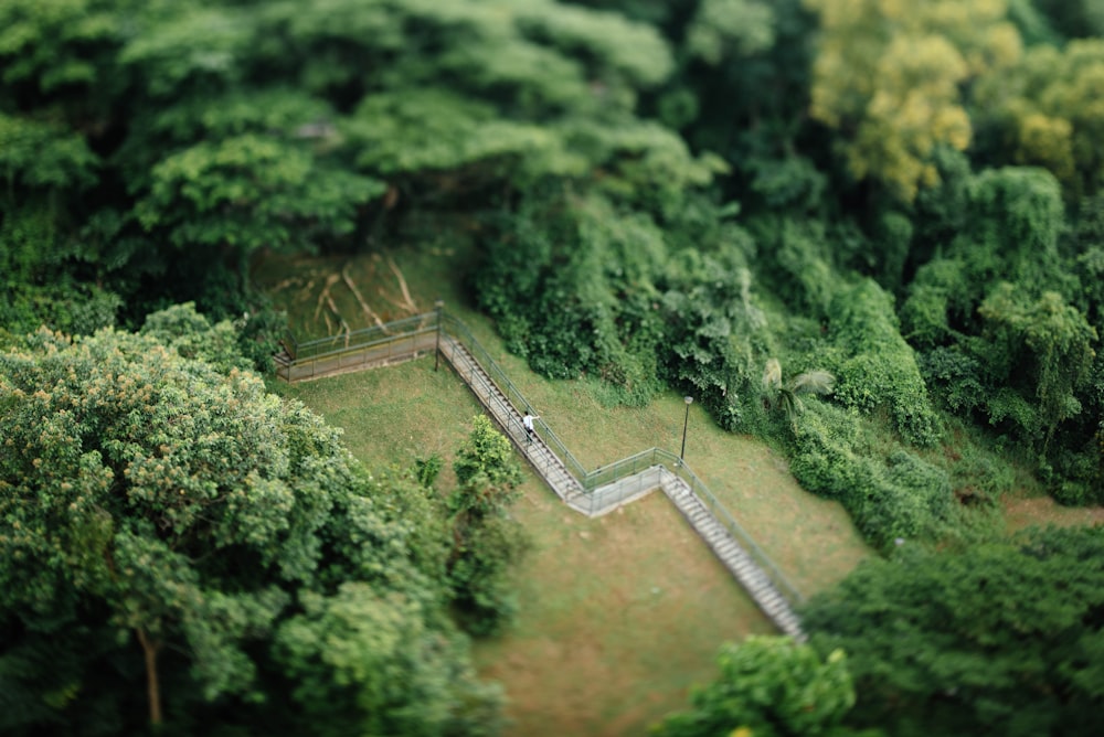 aerial photo of a man walking through stairs leading to a mountain