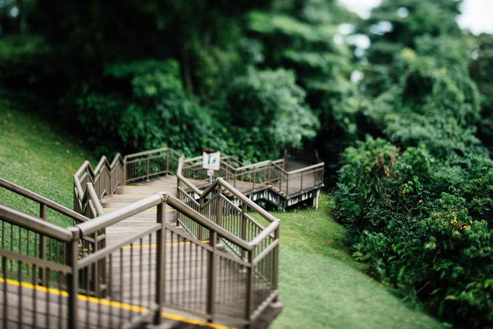 brown wooden staircase selective focal photo