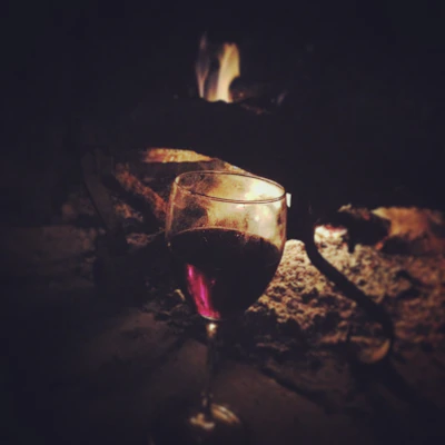 A cozy corner of Ampelos with glasses of red and white wine glowing under warm lighting.