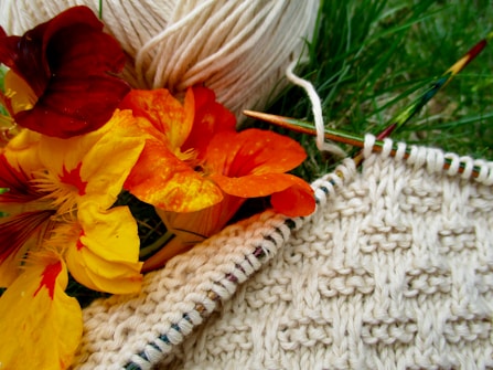 A close-up of a knitting project featuring cream-colored yarn and needles, alongside vibrant orange and yellow flowers. The knitted fabric displays a textured pattern, partially completed on the needles. Everything is placed on grass, creating a natural backdrop.