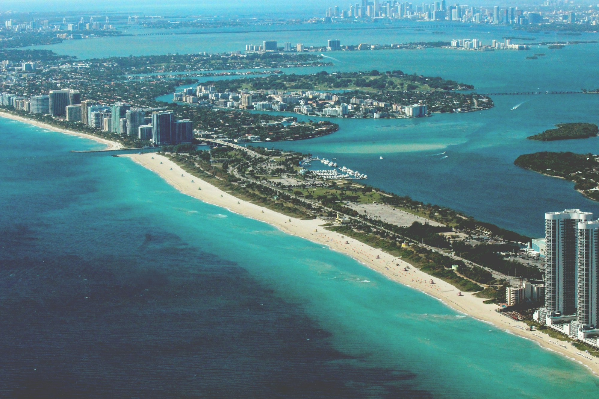 Aerial view of the Miami Beach coastline and turquoise water