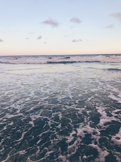 A serene ocean scene with gentle waves rolling towards the shore under a clear sky. The horizon separates the sea from a pale sky scattered with a few clouds, creating a tranquil and peaceful atmosphere.