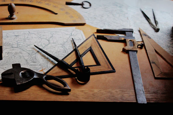 A drafting compass and precision measuring instruments on a wooden surface