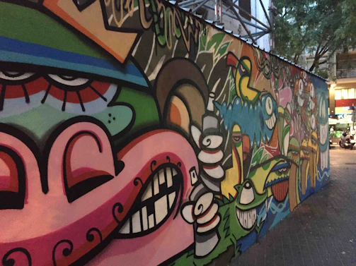 A close-up of a colorful mural painted by local artists, capturing urban creativity.