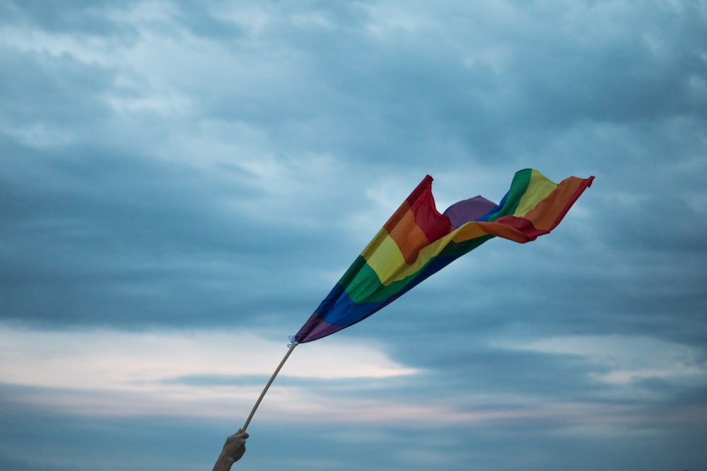 person holding up a LGBT flag