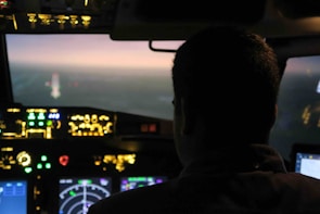 A person is sitting in an aircraft cockpit, focusing on the illuminated control panels and screens. The view through the cockpit window shows a horizon, hinting at either dawn or dusk lighting.