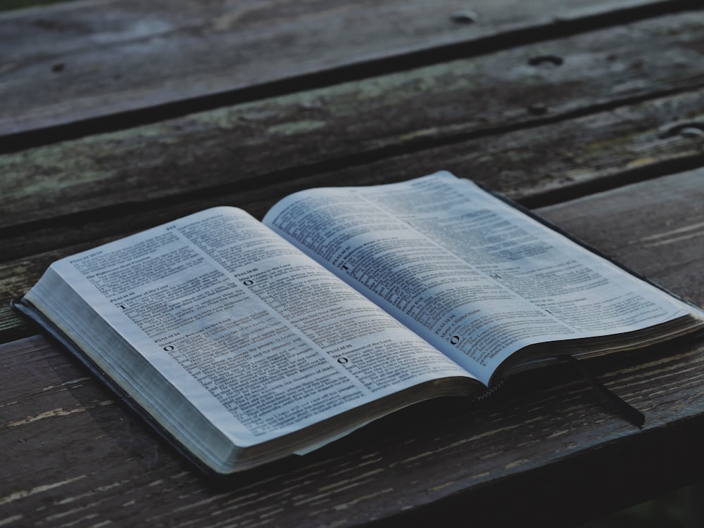 opened white book on brown wooden boards