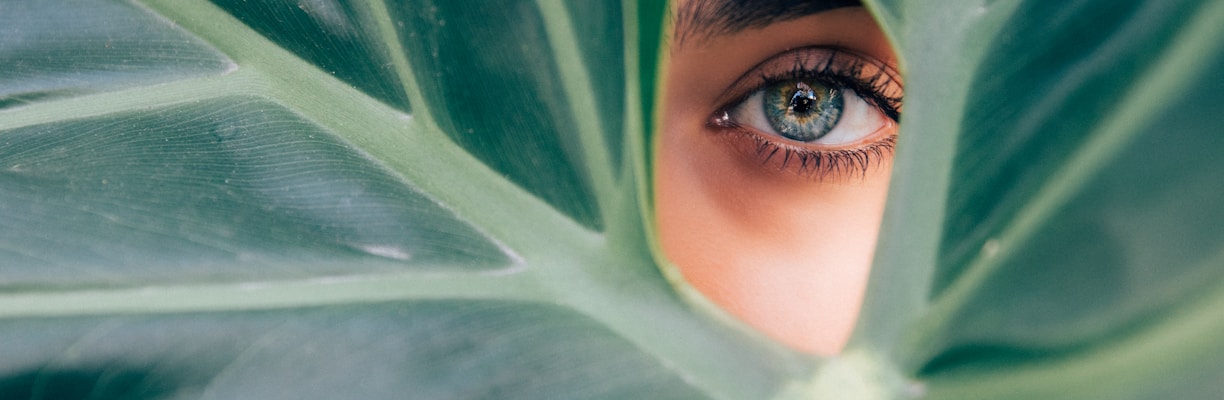 woman peeking over green leaf plant taken at daytime