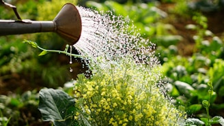 Water cascades from a metal watering can onto vibrant green plants with small yellow flowers. Sunlight catches the water droplets, creating a shimmering effect. The background reveals a lush garden filled with various green foliage.