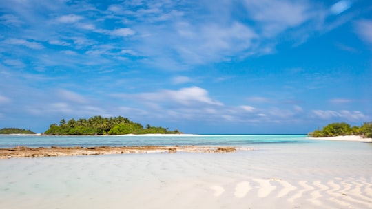 calm blue sea viewing green island under blue and white skies in Gaadhiffushi Maldives