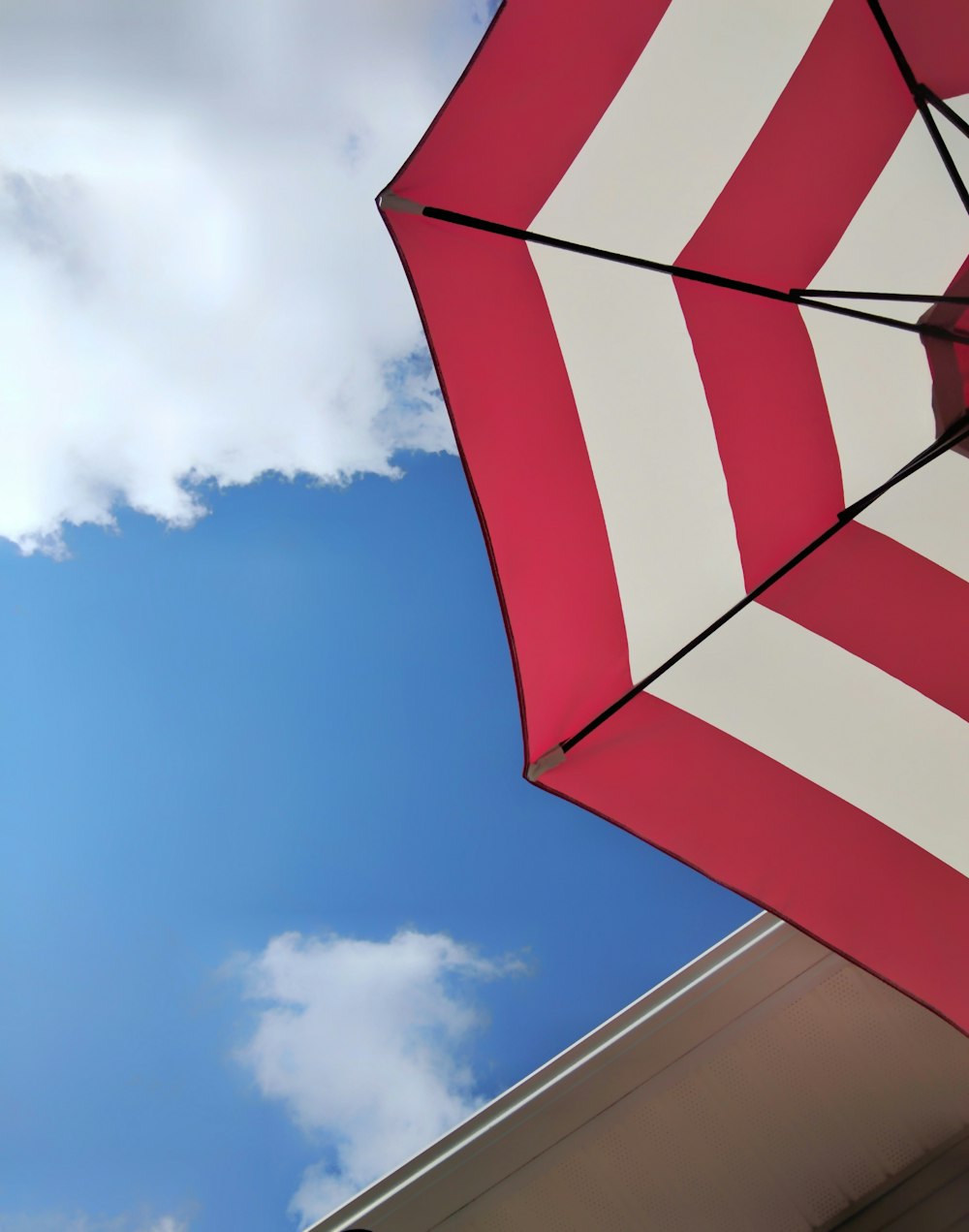 Fotografía de ángulo bajo de paraguas rojo y blanco