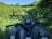 A view from the rider's perspective on an all-terrain vehicle (ATV) facing a narrow, grassy path. Lush green plants and trees surround the area under a clear blue sky, creating a sense of adventure in a natural setting.