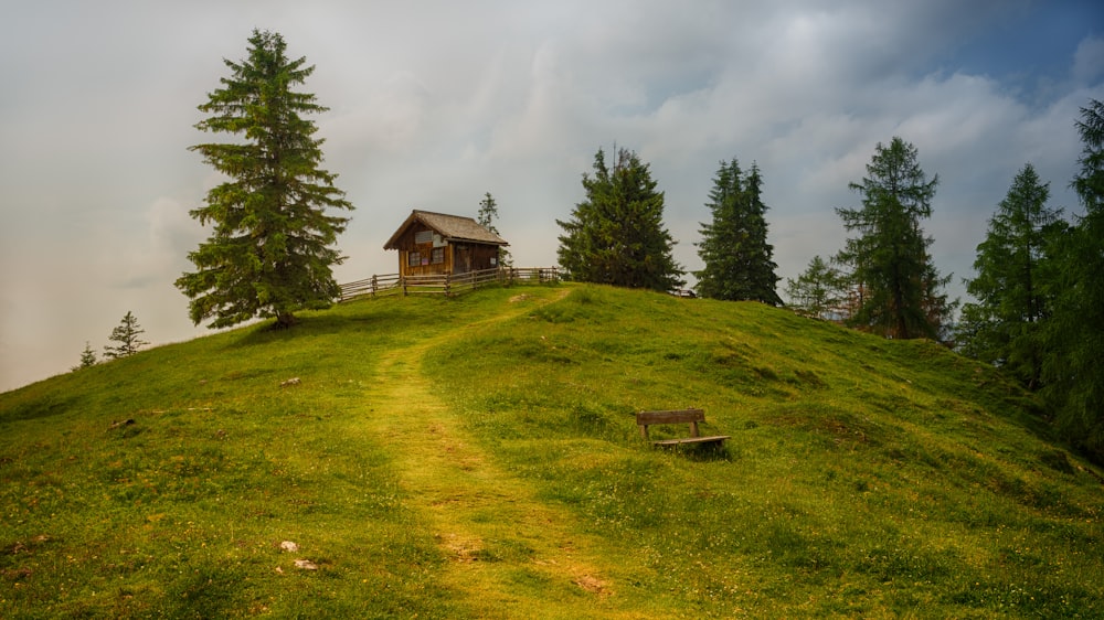 丘の上の木々の近くの茶色の木造住宅