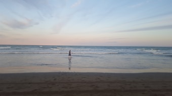 A beach scene at sunset with gentle waves lapping at the shore. A solitary person is walking along the water's edge, creating a serene and peaceful atmosphere.