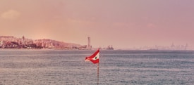 A coastal cityscape with an array of buildings and two distinctive tall structures in the background. In the foreground, a Lebanese flag is prominently displayed on a pole above the calm sea. The sky is slightly hazy and has a pastel hue.