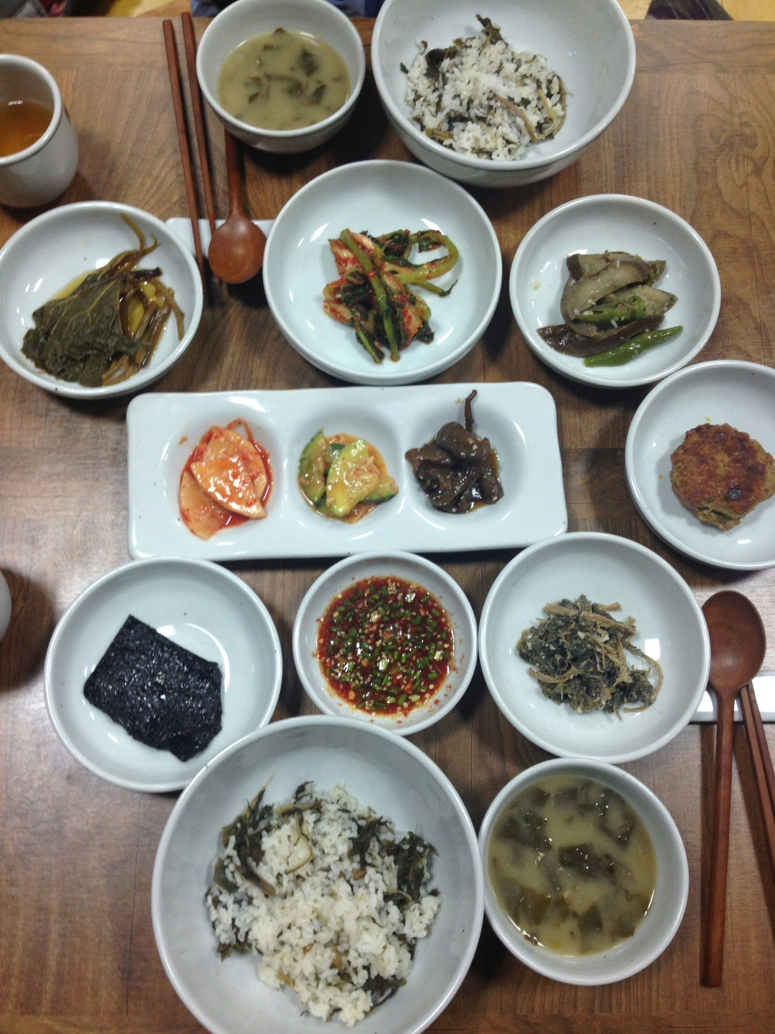 Traditional Korean full course meal hanjeongsik with many small side dishes banchan