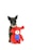 A small black dog stands next to a colorful plush toy. The toy is bright red with a blue belly and blue paws. The dog and toy are set against a plain white background.