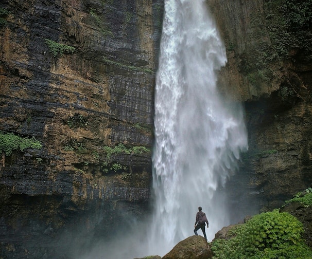 person standing on brown rock formation looking at waterfalls during daytime