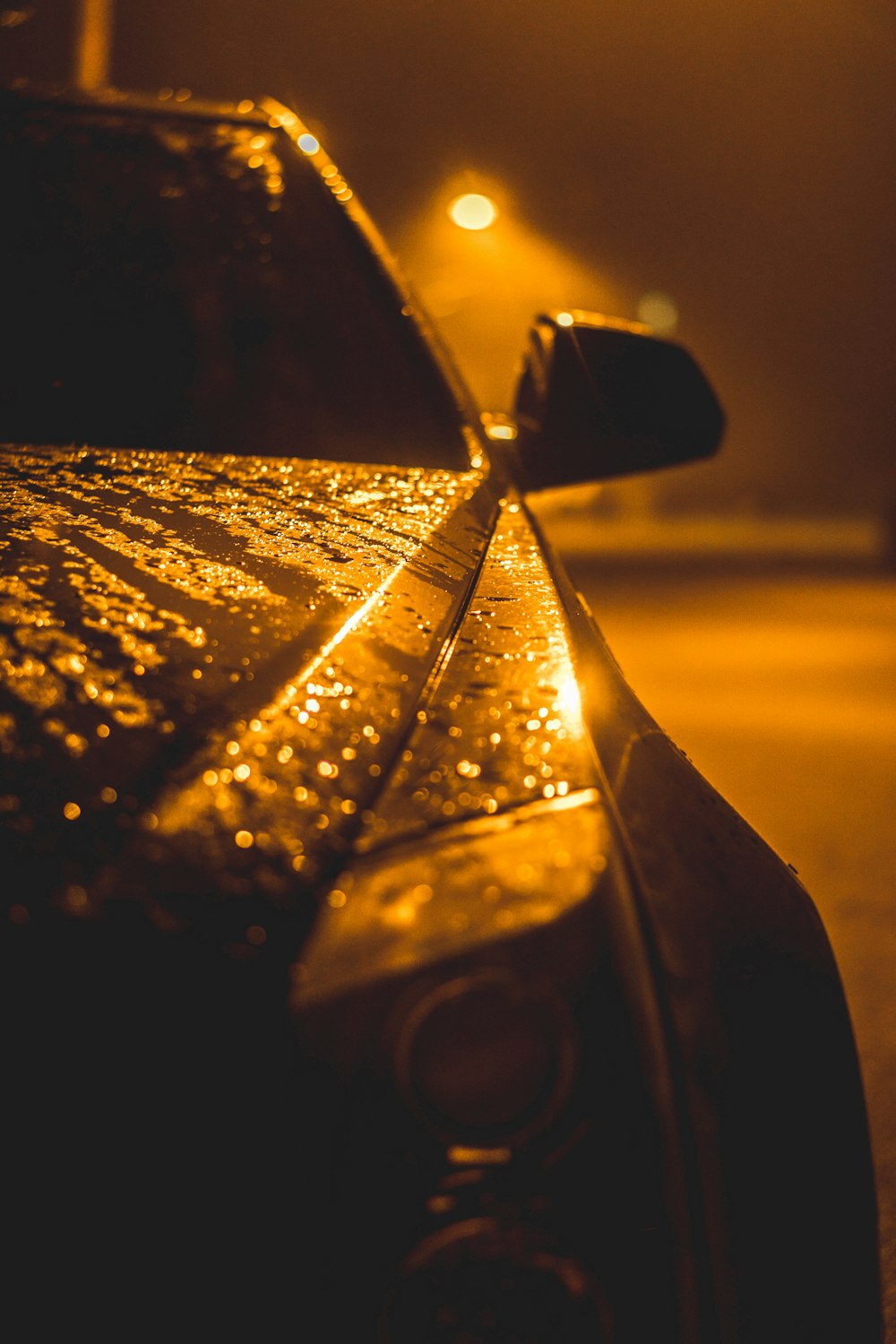 The engine bonnet of a car soaked in rain.