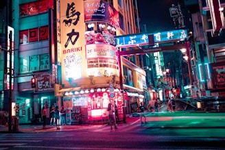 group of people standing on street on night time cartoon