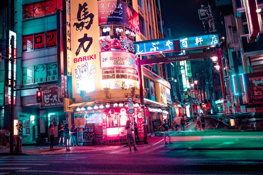 group of people standing on street on night time cartoon