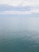 A calm ocean horizon with soft clouds reflecting on the water’s surface.