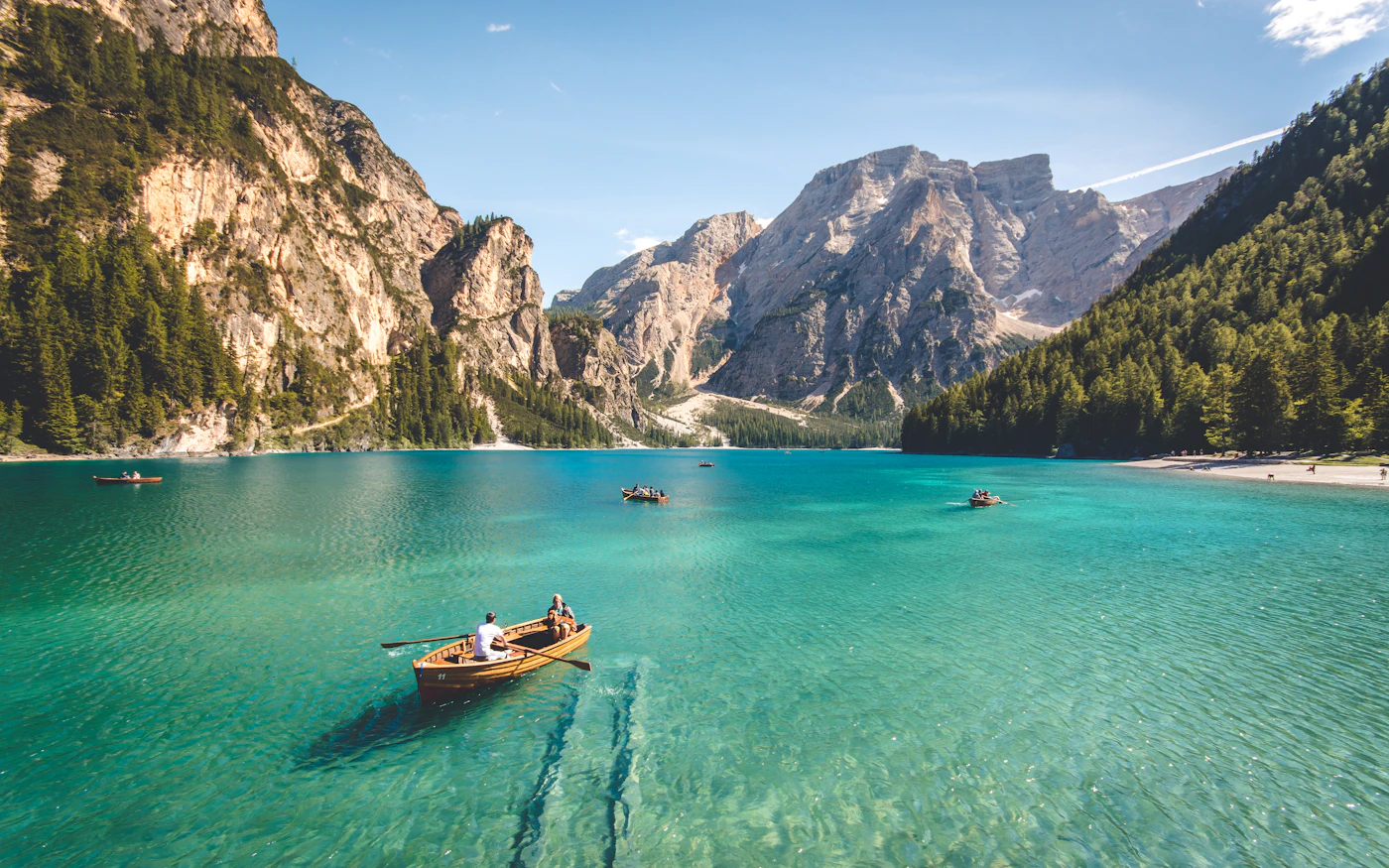 A calm mountain lake at sunset