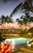 A peaceful resort garden with lounge chairs and tropical greenery under soft sunlight.