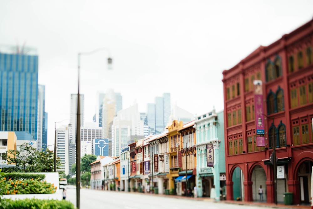 red, blue, and yellow buildings