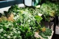 A variety of leafy greens in a market setting.