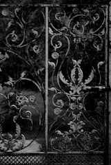 An intricately designed wrought iron gate with various floral and vine patterns. The iron appears to be aged and slightly weathered, with a dark, monochromatic color scheme. In the background, there are blurred, out-of-focus trees and foliage, suggesting an outdoor setting.