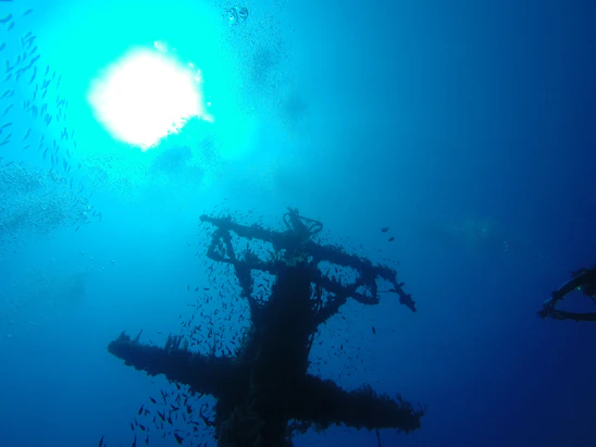 A sleek underwater data center facility glowing softly beneath the deep blue sea, surrounded by marine life.