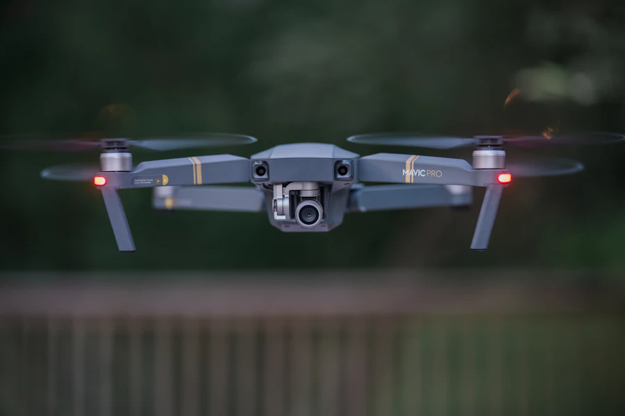 Close-up of a grey quadcopter drone in flight