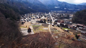 A rural village is nestled in a mountainous area, surrounded by dense forests and hills. Traditional thatched-roof houses are scattered across the landscape, with some patches of cultivated fields visible in the foreground. The village seems peaceful and isolated, with a road dividing the clusters of houses. The background is dominated by rolling hills and a partly cloudy sky.