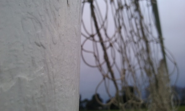 Close-up of a custom water polo goal with team colors and logo painted on the frame.