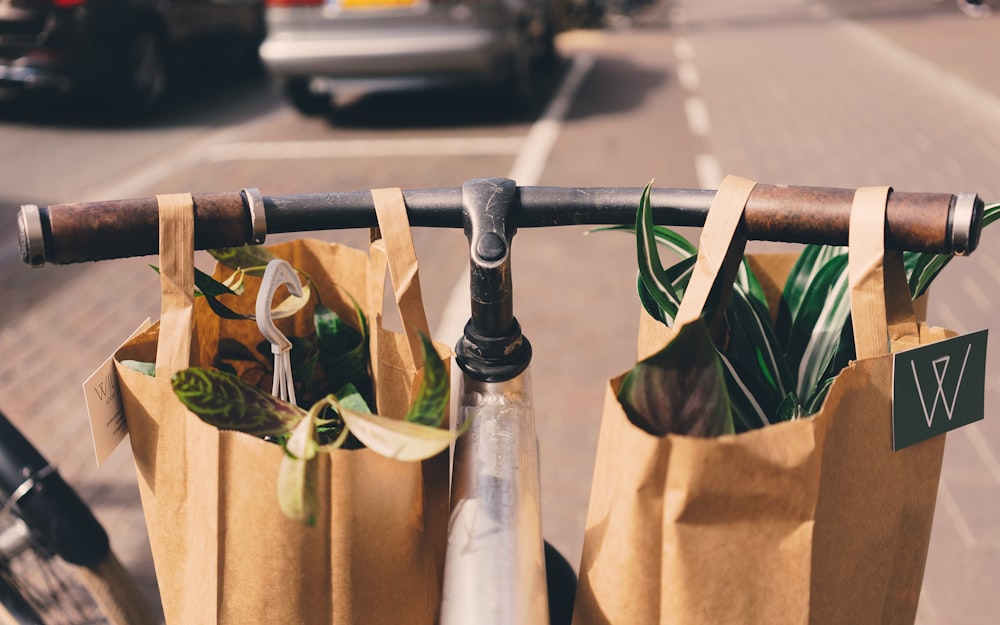 two brown paper bags on bicycle handle bar