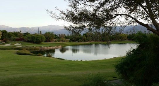 A serene golf course landscape featuring a calm lake surrounded by lush greenery and distant mountains. Trees provide shade in the foreground, while the course features well-manicured grass and sand bunkers. The overall scene is peaceful and well-maintained.