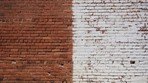 Side-by-side view of a brick wall before and after thorough pressure washing