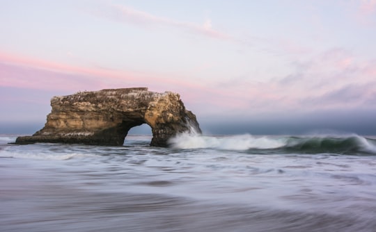 brown rock formation on sea in Natural Bridges State Beach United States
