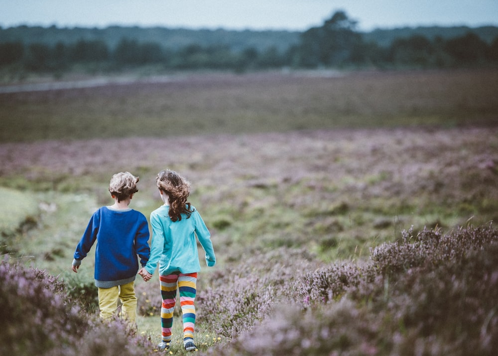 Two children hold hands while walking away from the camera in a meadow