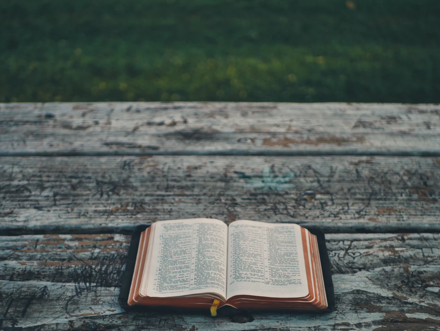 An open Bible resting on a wooden table