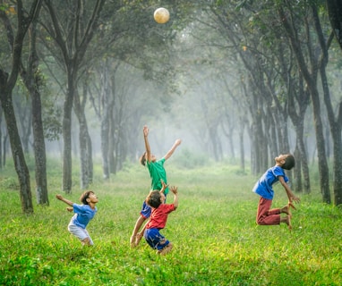 four boy playing ball on green grass