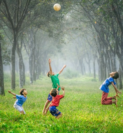 four boy playing ball on green grass