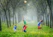 four boy playing ball on green grass