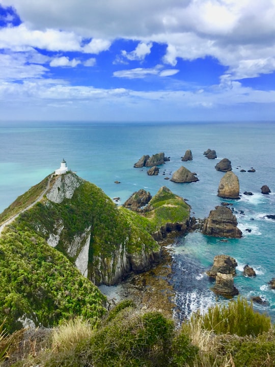 white and green lighthouse on cliff mountain facing body of water in Nugget Point New Zealand