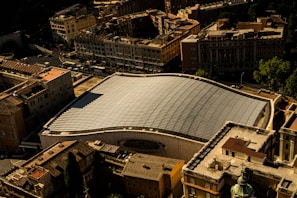 An aerial view of a cityscape featuring a large modern building with a distinctive curved roof made of glass or solar panels. The structure stands out among the surrounding traditional buildings with flat roofs and varied architectural designs. The play of light and shadow creates an interesting pattern on the roof.