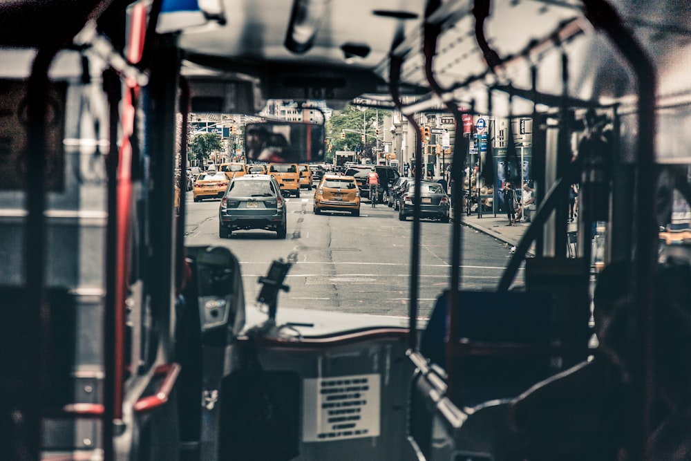 photo of road through bus windshield