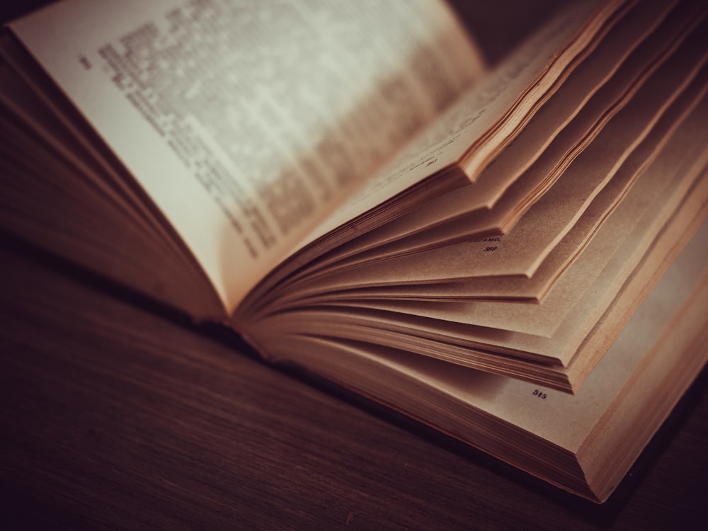 opened book on brown wooden surface